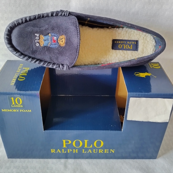 RALPH LAUREN Polo Bear Memory Foam Sherpa Slippers Moccasins Womens size 10 Navy - Picture 9 of 9